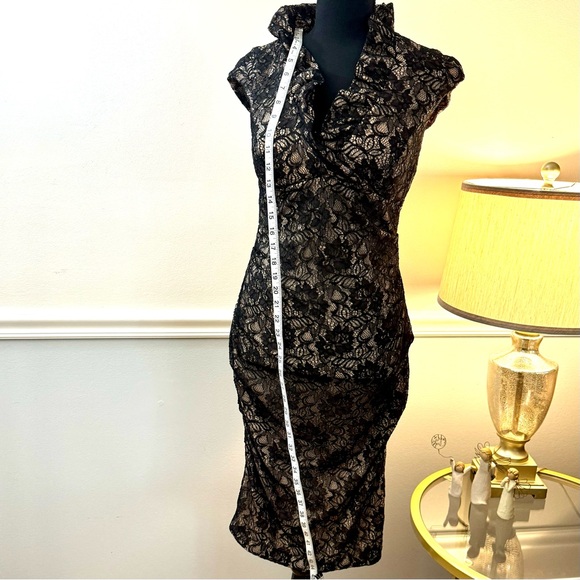 Xscape Tan Black Lace Formal/Semi midi body-con dress Sz 10. Ruched wCap sleeve. - Picture 7 of 16